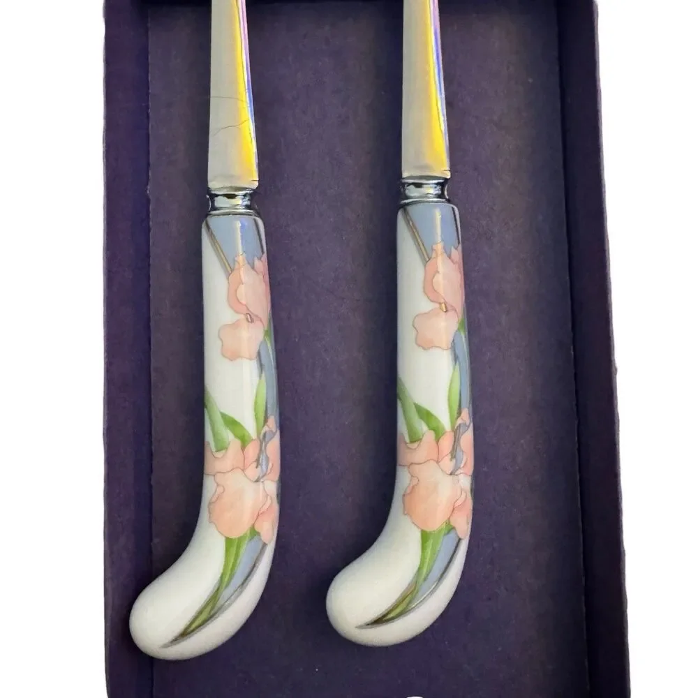 Vintage Sheffield England Stainless‎ Floral Steel Serving Set 2 Porcelain Handle
